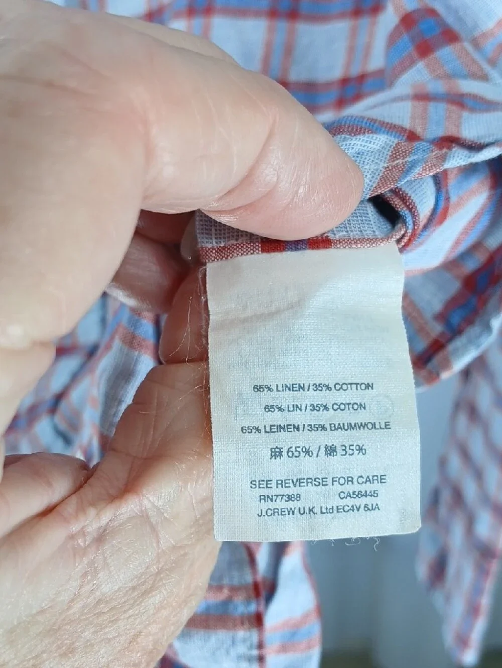 J. Crew Men’s Light Blue and Red Plaid Button-Down linen + cotton Shirt
